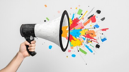 Poster - Hand holding a megaphone with a burst of collage elements inside representing the energetic and dynamic spread of creative information and ideas in a contemporary digital art style