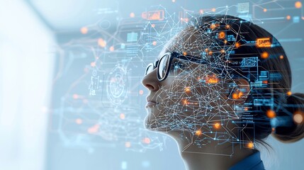 Aufkleber - Portrait of a man with glasses gazing thoughtfully upward his head partially obscured by a neural network of interconnected lines and nodes set against a soft glowing backdrop for a futuristic