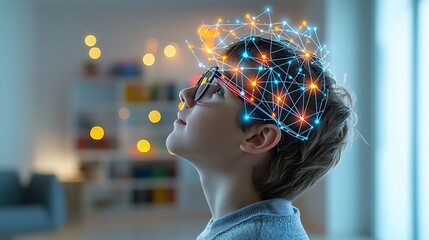 Aufkleber - Side profile of a young man wearing glasses looking upward with a digital network overlay of glowing lines and nodes on his head symbolizing advanced thinking and intelligence