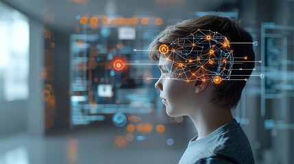Aufkleber - Thoughtful young man with digital network overlay on his head glowing nodes and lines symbolizing intelligence set against a futuristic background with warm toned bokeh for depth and imagination