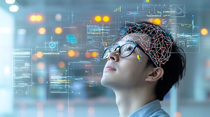 Poster - Portrait of a thoughtful man wearing glasses gazing upward with an overlay of neural network like lines and nodes on his head representing complex thought and the of AI