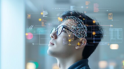 Poster - Portrait of a man in glasses gazing upward with an overlay of neural network like lines and nodes on his head representing complex thought and AI