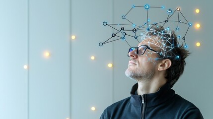 Leinwandbilder - Portrait of a man gazing upward with an overlay of neural network like lines and nodes on his head representing complex