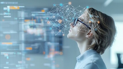 Aufkleber - Portrait of a young man wearing glasses in profile looking up with a digital pattern of interconnected nodes and lines over his head symbolizing and complex thinking