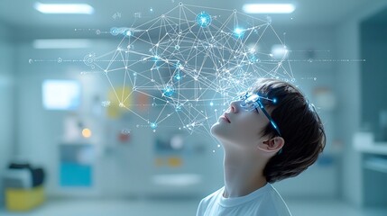 Poster - Portrait of a young man wearing glasses in profile looking up with a digital pattern of interconnected nodes and lines over his head symbolizing and complex thinking set against a dreamy
