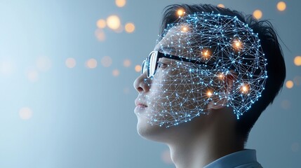Fototapete - Futuristic AI Inspired Portrait of a Man Looking Upward with a Digital Overlay of Neural Network Lines on His Head Surrounded by Soft Glowing Points and Warm Bokeh Lights in the Background