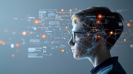 Aufkleber - Side profile of a man wearing glasses with a glowing web of digital nodes and lines overlaying his head symbolizing advanced cognitive processing and futuristic technology