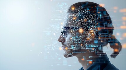 Aufkleber - Side profile of a man wearing glasses with a glowing web of digital nodes and lines overlaying his head symbolizing advanced cognitive processing and technology