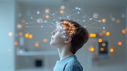 Poster - Innovative Mind   Young man in profile gazing upward with a glowing digital neural network overlay on his head nodes and lines softly illuminating a warm toned bokeh background