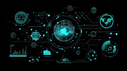 Fototapete - Abstract futuristic digital interface with glowing cyan lines and shapes on a black background.