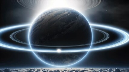 Wall Mural - Video footage of dark planet with glowing rings, resembling Saturn, is illuminated by a bright light source behind it