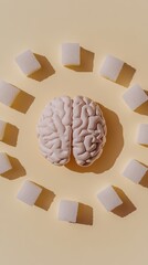 Poster - Sugar cubes encircle a brain model on yellow, showing sugar's impact on cognition and the need for a healthy lifestyle