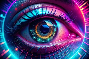Poster - Captivating Macro Photography of a Retro Synthwave Cyber Eye Loop Animation with Vertical Video Aesthetic and Neon Color Palette for Futuristic Themes