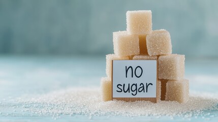 Aufkleber - Sugar cubes stacked on top of a small wooden block with the inscription no sugar symbolizing the concept of giving up unhealthy food
