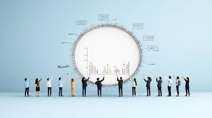 Poster - Collaborative Business Team Lifting a Magnifying Glass to Examine Data Charts Showcasing Teamwork and Growth Analysis in a Flat with Soft Blue Background