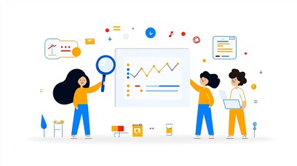 Poster - Light Blue Flat Depicting a Team Collaboratively Lifting a Magnifying Glass to Analyze Growth Data and Business Intelligence