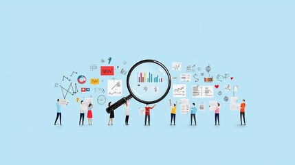 Aufkleber - of a Business Team Collaborating to Analyze Data and Charts with a Large Magnifying Glass Demonstrating Teamwork Strategy and Data Driven Decision Making