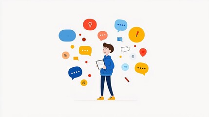 Fototapete - of a Professional Man in a Blue Outfit Holding a Notebook Surrounded by Colorful Speech Bubbles Representing Effective Communication and in a Business or Corporate Setting