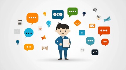 Poster - Flat of a man wearing a professional blue outfit holding a notebook and surrounded by speech bubbles in various colors