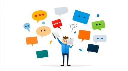 Poster - Flat of a businessman in a professional blue outfit holding a notebook and surrounded by speech bubbles in various colors symbolizing the concepts of teamwork