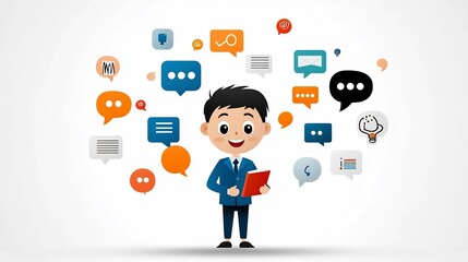 Aufkleber - Flat depicting a professional man in a blue outfit holding a notebook surrounded by multicolored speech bubbles symbolizing effective communication in a business or corporate setting