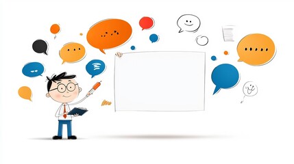 Poster - Cartoon of a Businessman With Pen and Notepad Engaged in a Conversation Brainstorming and Presenting Ideas to a Team in a Corporate or Office Environment