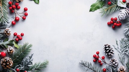Poster - Christmas background framing with snow covered pine branches and holly berries