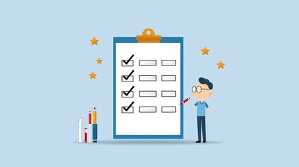Poster - Successful businessman in a blue shirt marks completed checkboxes on a large clipboard with a flat style background featuring shimmering stars to emphasize the achievement and progress made