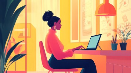 Poster - Side profile of graphic designer using a laptop, seated at a stylish desk in a bright, modern open office