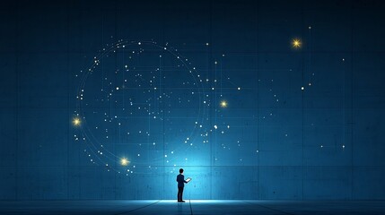 Poster - of a man in blue methodically inspecting and checking items on a large clipboard with shining stars and sparkling elements in the background symbolizing achievement orderly planning