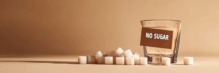 Aufkleber - Glass of water with no sugar label promoting sugar free lifestyle and emphasizing dangers of excessive sugar consumption, suggesting sugar reduction for improved health