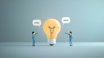 Poster - Vibrant cartoon depicting a large lightbulb made up of colorful speech bubbles with two team members in blue suits pointing at it