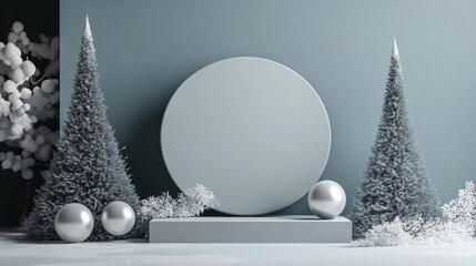 Leinwandbilder - Christmas stage displaying silver podium, trees, and silver ornaments for product placement