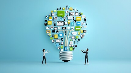 Fototapete - Creative close up of a big lightbulb constructed from blue green yellow and white speech bubbles with two team members gesturing towards it