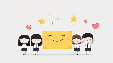 Aufkleber - Cartoon of Business People in Corporate Attire Holding a Large Smiley Face with Heart and Star Symbols Representing Happiness Teamwork and in the Workplace