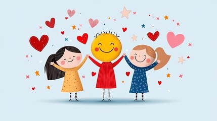 Poster - Cheerful of a team of colleagues excitedly celebrating a success or achievement with smiley face emojis floating heart and star icons on a light blue background to represent teamwork