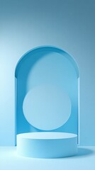 Poster - Light blue minimalist cylinder podium on pastel background with arch and circle
