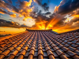 Poster - Captivating Silhouette of Roof Tiles Against a Vibrant Sunset Sky, Highlighting Architectural Beauty and Texture in Urban Landscapes