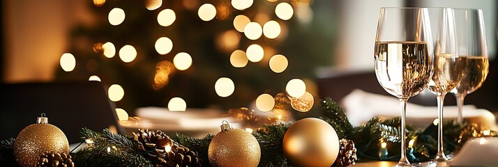 Poster - Elegant Christmas Table Setting with Champagne and Golden Decorations : Generative AI