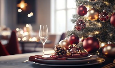 Poster - Elegant Christmas Table Setting with Decorated Tree in Festive Dining Room Ambiance : Generative AI