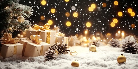 Poster - Elegant Christmas Presents with Golden Bows in Snowy Night Backdrop : Generative AI