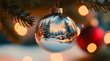 Poster - Enchanting Winter Scene Reflected in Christmas Ornament with Festive Lights : Generative AI