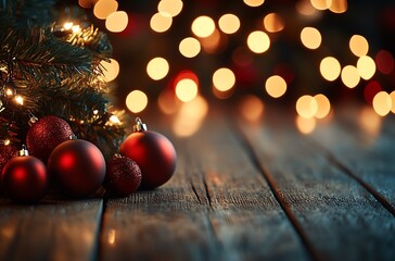 Poster - Festive Red Christmas Ornaments and Tree Lights on Rustic Wooden Table : Generative AI