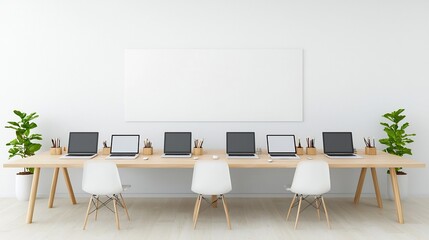 Aufkleber - Stylish and Organized Office Workspace with Six Laptops Arranged on a Shared Workdesk Providing a Minimalist and Productive Environment for Collaborative Work