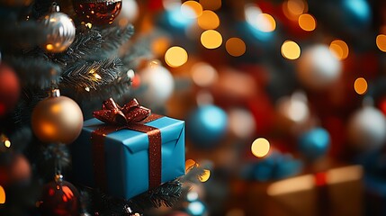 Aufkleber - Festive Christmas Tree with Blue Gift Box and Golden Bokeh Lights : Generative AI