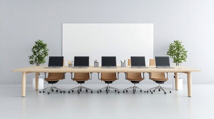 Poster - Spacious and modern office area featuring a clean lined table with six laptops ideal for mockup designs or presentations in a soothing color palette