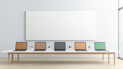 Poster - Spacious and organized office workspace with six laptops neatly arranged on a clean lined modern table against a blank wall ideal for mockup designs in a soothing color palette