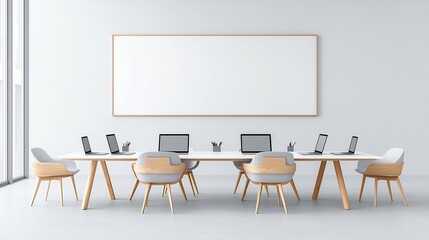 Poster - Clean and modern office layout featuring a collaborative worktable with six laptops a blank wall ideal for product or presentation mockups and a soothing color scheme designed to be easy on the eyes