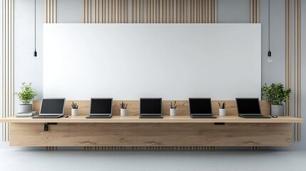 Poster - Cozy and minimalist modern office workspace with six laptops set up on a shared work desk plain wall ready for mockups