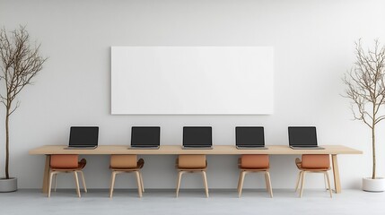 Poster - Serene and Modern Workspace Featuring Six Laptops on a Streamlined Desk Setup with Blank Wall for Potential Mockups and a Visually Relaxing Soft Toned Interior Design